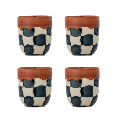 Bloomingville - Check Kop, Multifarvet, Stentøj - Ø9 × H10 cm, sæt med 4