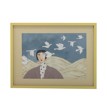 Bloomingville - Flyvielle Illustration med ramme, Multifarvet, Fyrretræ - L62 × H47 × B2,5 cm