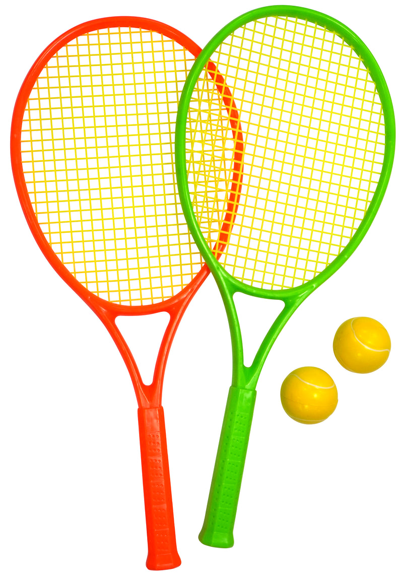 Tennissæt med to ketsjer i farverne orange og grøn og to bolde fra Play>it