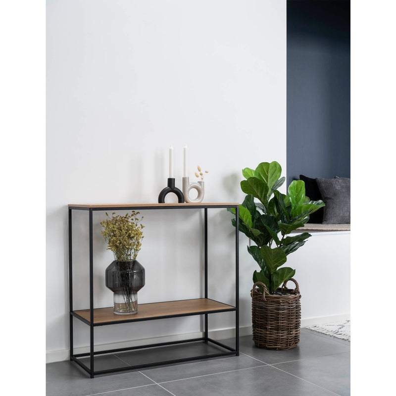 Vita Konsolbord - Sort ramme og egetræslook hylder 80x80x36 cm