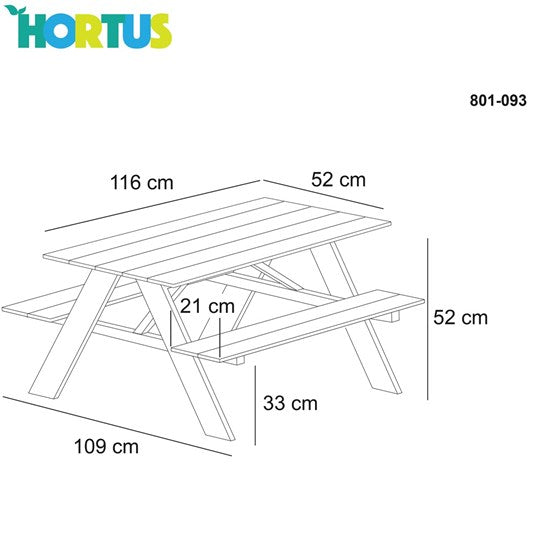 Størelsen på bord bænkesættet i A-modellen fra Hortus
