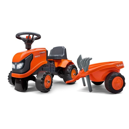 Orange, Baby Kubota ride-on traktor med trailer, rive og skovl fra Falk
