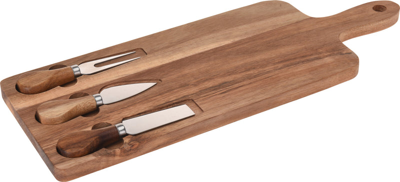 Ostebræt m. 3 knive , akacietræ, rustfri stål
