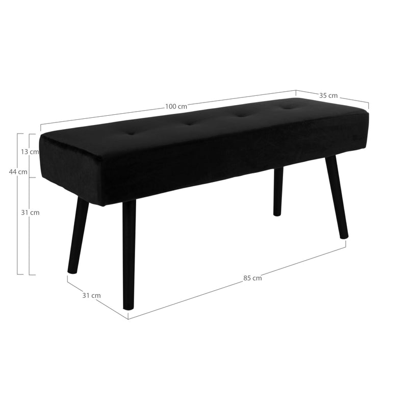 Skiby Bænk - Bænk i sort velour med sorte ben, 100x35x44cm