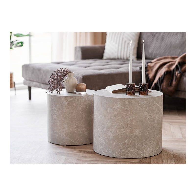 House Nordic Prague sofabord – Sæt af 2 – Rund, beige marmorlook – Ø38×H36 cm & Ø48×H40cm