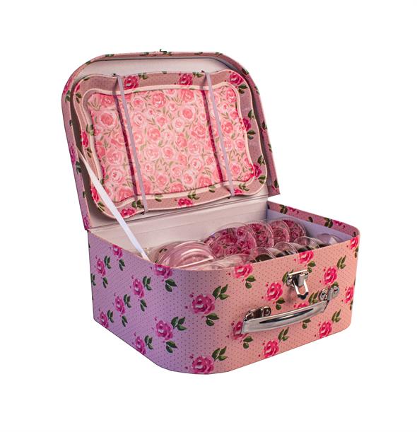 Magni - Tesæt i kuffert m. lyserødt blomstermotiv 15 dele