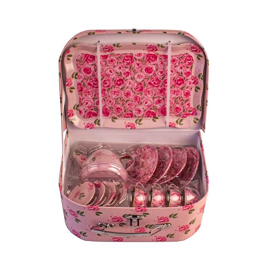 Magni - Tesæt i kuffert m. lyserødt blomstermotiv 15 dele