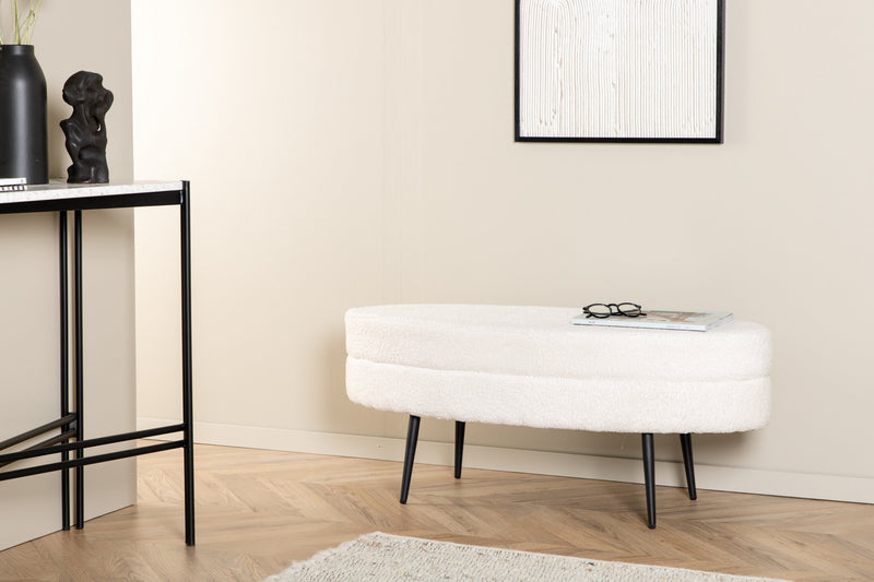 Venture Home - Otto puf – Benhvid teddy med sorte stålben – 100×40×41 cm