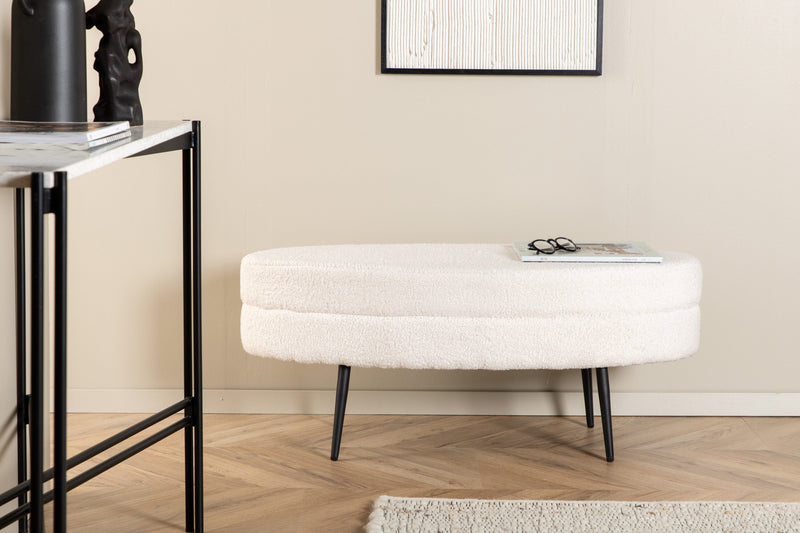 Venture Home - Otto puf – Benhvid teddy med sorte stålben – 100×40×41 cm
