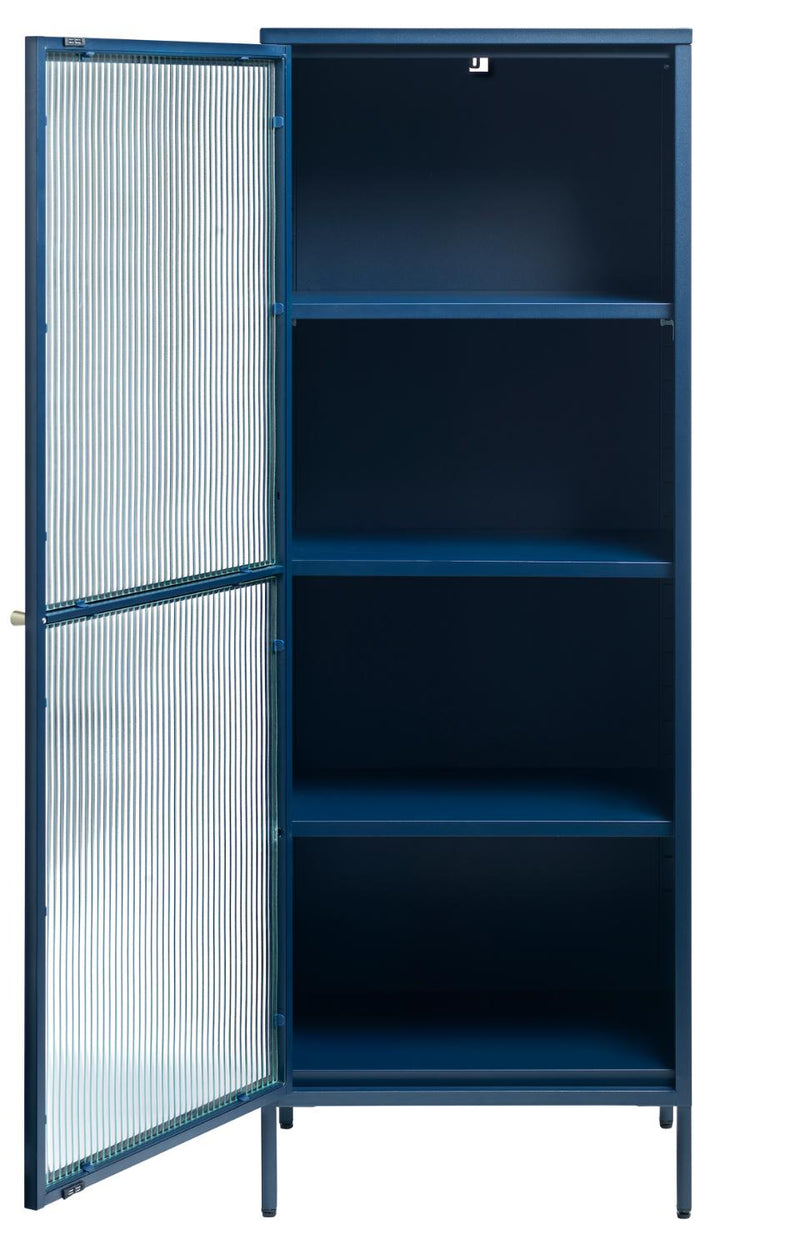 Bronco glasskab -  Blå metal, guldfarvet greb, 160x58x40cm