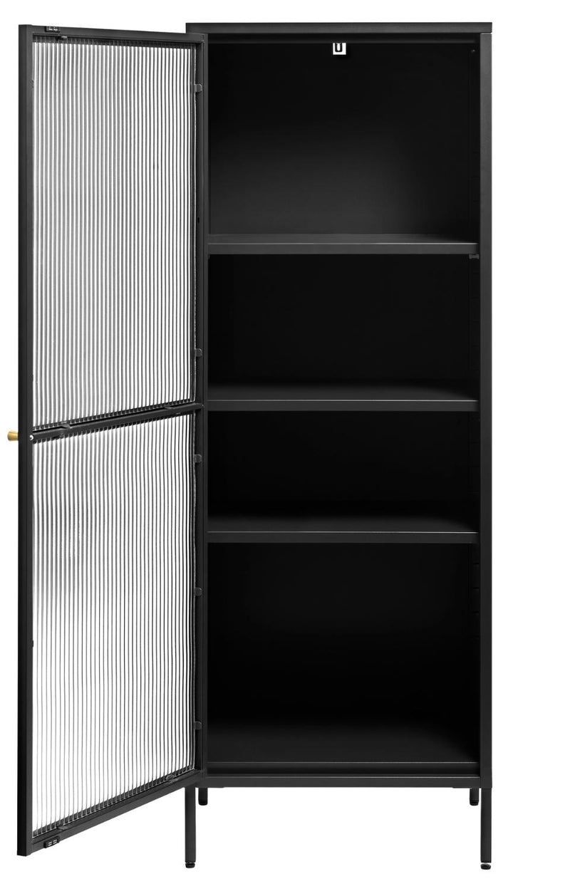 Bronco glasskab - sort metal, guldfarvet greb, 160x58x40cm