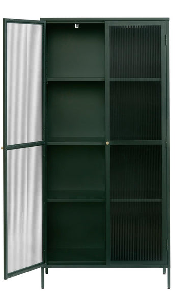 Bronco vitrineskab, grøn metal, guldfarvet greb,190x90x40cm
