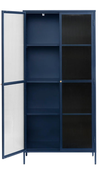 Bronco vitrineskab, blå metal, guldfarvet greb, 190x90x40cm