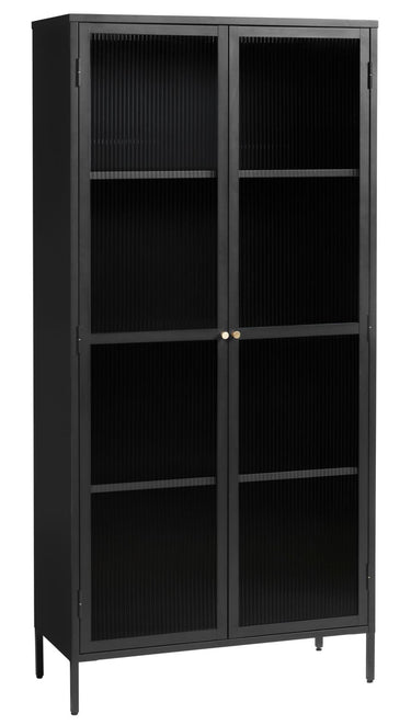 Bronco vitrineskab, sort metal, guldfarvet greb,190x90x40cm