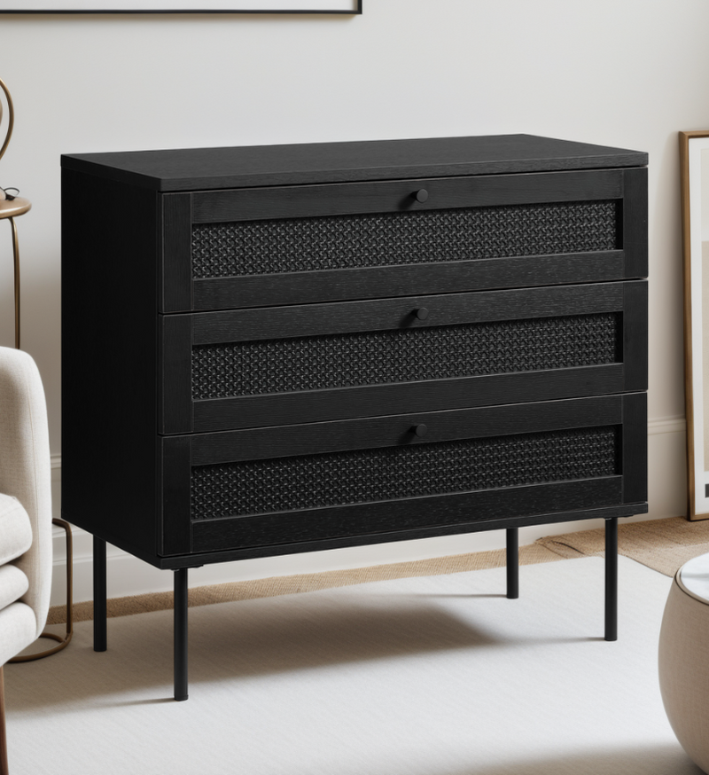 Pensacola Kommode, Sort Melamin, 80x40x75 cm, 3 Skuffer