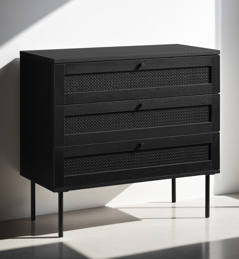 Pensacola Kommode, Sort Melamin, 80x40x75 cm, 3 Skuffer
