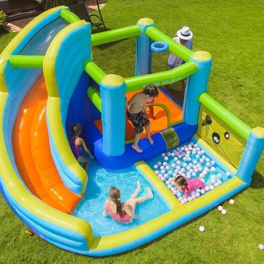 Doctor Dolphin Bouncer Water Park – Hoppeborg med Vandrutsjebane, 360x340x218 cm og 450W Blæser