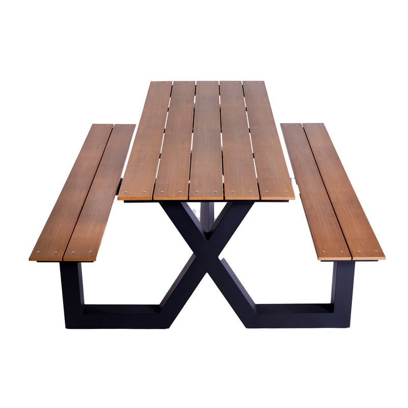 Hortus - Bord-/bænkesæt X-model teak nonwood og antracitstel, H: 72/44 x B: 151 x L: 176 cm