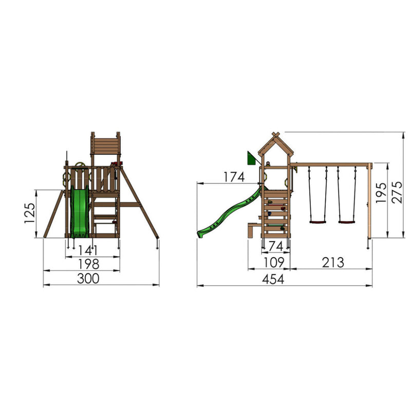 Jungle Gym - Legetårn Jungle Gym Teepee m/2-gyngemodul 200 og grøn rutschebane