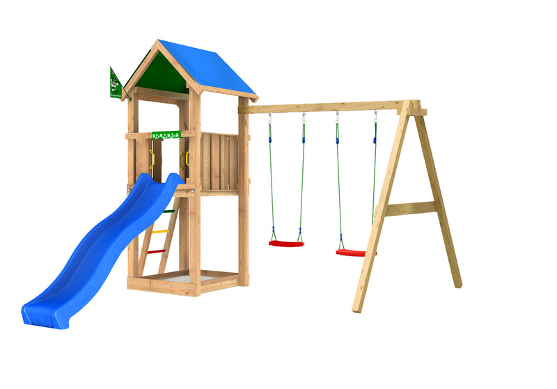 Jungle Gym - Legetårn Jungle Gym Castle 2.1 m/2-Swing Module 220 og blå rutschebane