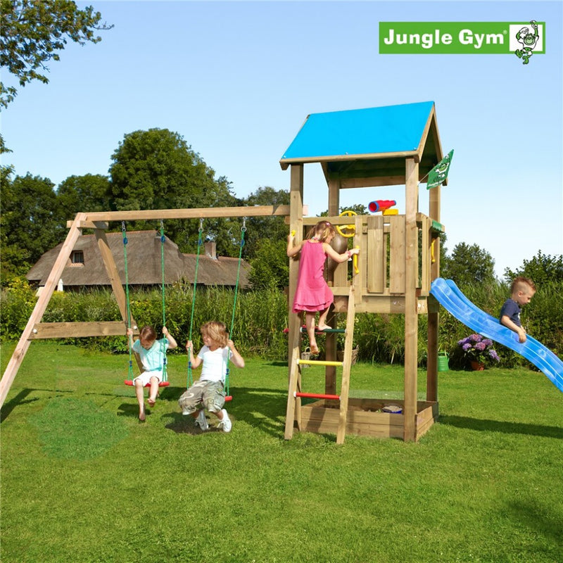Jungle Gym - Legetårn Jungle Gym Castle 2.1 m/2-Swing Module 220 og blå rutschebane