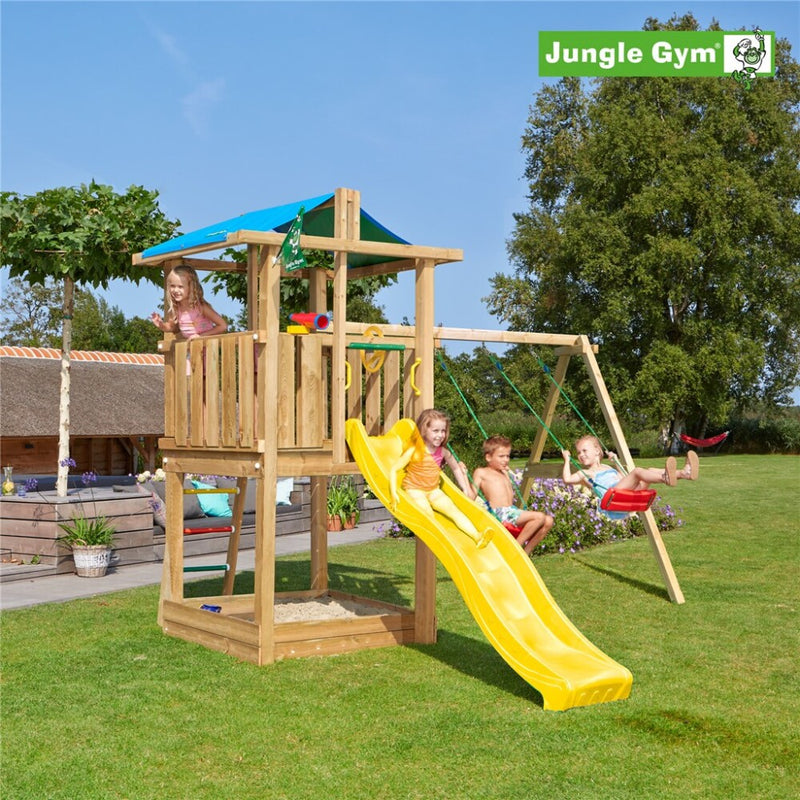 Jungle Gym - Legetårn Jungle Gym Hut 2.1 m/2-Swing Module 220 og gul rutschebane