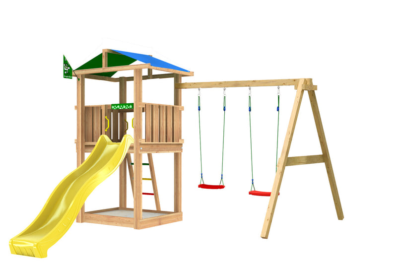 Jungle Gym - Legetårn Jungle Gym Hut 2.1 m/2-Swing Module 220 og gul rutschebane