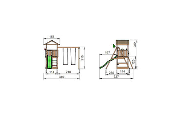 Jungle Gym - Legetårn Jungle Gym House 2.1 m/2-Swing Module 220 og grøn rutschebane - Bolig og Haven
