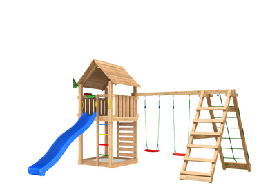 Jungle Gym - Legetårn Cabin 2.1 m/2-Climb Module 220, blå rutsjebane og 120 kg sand