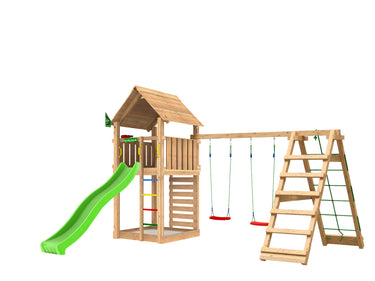 Jungle Gym - Legetårn Jungle Gym Cabin 2.1 m/2-Climb Module 220 og grøn rutsjebane
