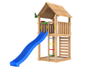 Jungle Gym - Legetårn Jungle Gym Cabin 2.1 m/blå rutsjebane og 120 kg sand