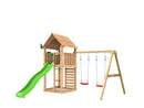 Jungle Gym - Legetårn Cabin 2.1 m/2-Swing Module 220, grøn rutsjebane og 120 kg sand