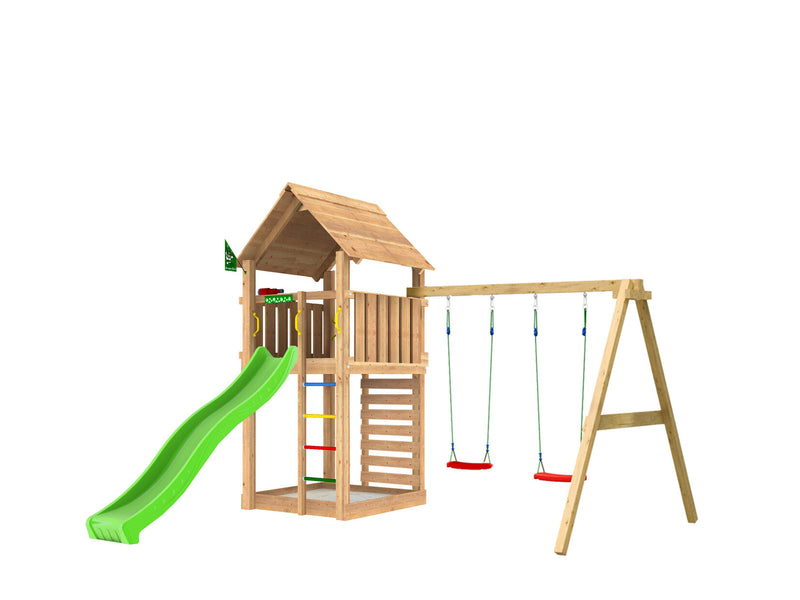 Jungle Gym - Legetårn Cabin 2.1 m/2-Swing Module 220, grøn rutsjebane og 120 kg sand
