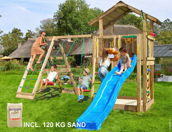 Jungle Gym - Legetårn Jungle Gym Chalet 2.1 m/2-Climb Module 220, blå rutschebane og 120 kg sand