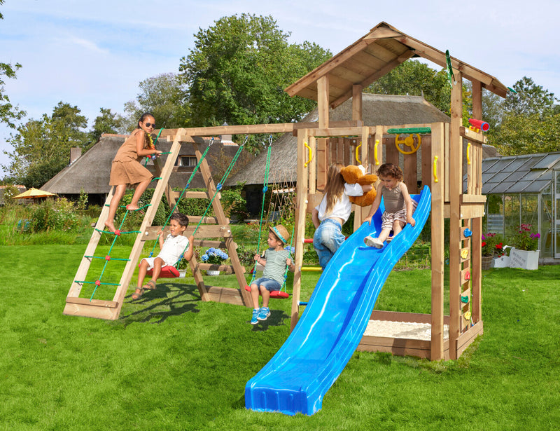 Jungle Gym - Legetårn Jungle Gym Chalet 2.1 m/2-Climb Module 220, blå rutschebane og 120 kg sand