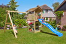 Jungle Gym - Legetårn Jungle Gym Cottage 2.1 m/2-Swing Modul 220, blå rutschebane og 120 kg sand