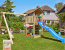Jungle Gym - Legetårn Jungle Gym Cottage 2.1 m/2-Swing Modul 220, blå rutschebane og 120 kg sand