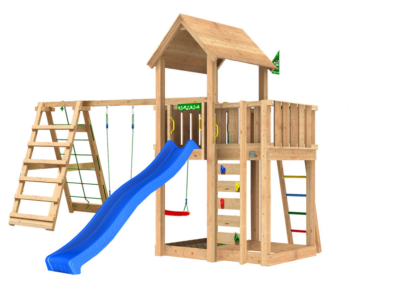 Jungle Gym - Legetårn Jungle Gym Mansion 2.1 m/2-Climb Module 220, blå rutsjebane og 120 kg sand