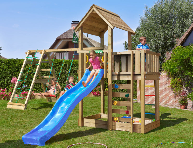 Jungle Gym - Legetårn Jungle Gym Mansion 2.1 m/2-Climb Module 220, blå rutsjebane og 120 kg sand