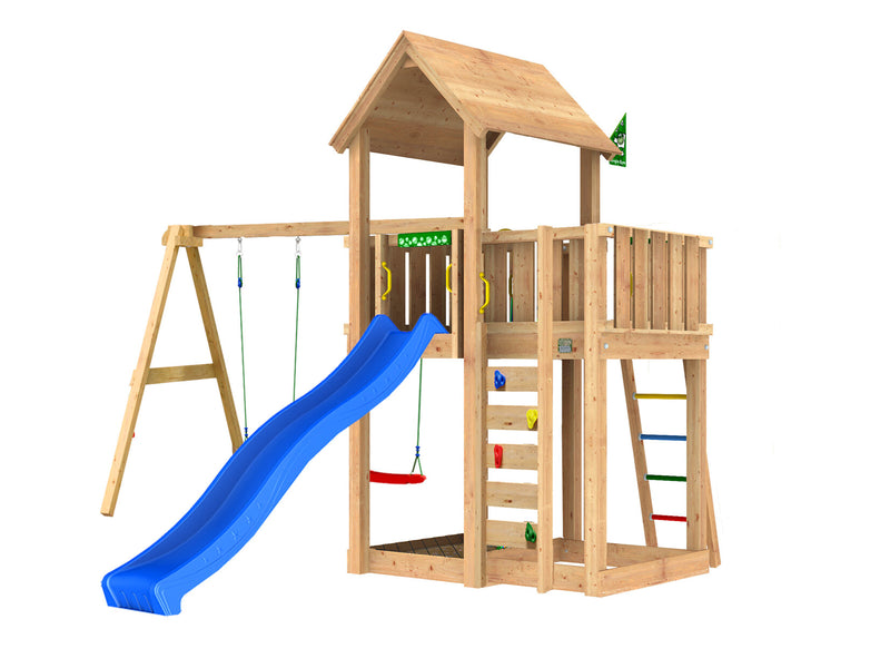Jungle Gym - Legetårn Jungle Gym Mansion 2.1 m/2-Swing Module 220, blå rutsjebane og 120 kg sand