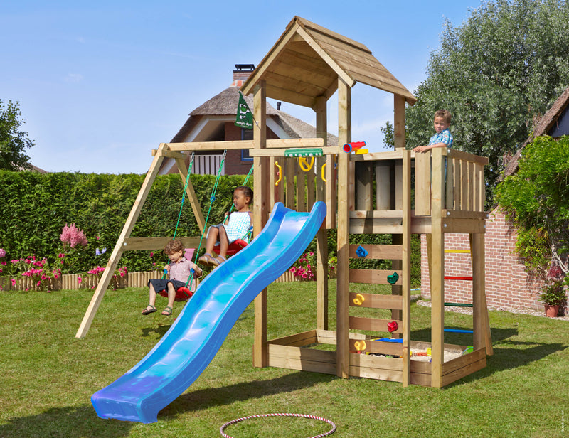 Jungle Gym - Legetårn Jungle Gym Mansion 2.1 m/2-Swing Module 220, blå rutsjebane og 120 kg sand