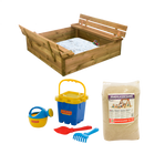 Nordic Play - Sandkasse med bænk & låg 120x120 cm, m. 240 kg sand, blåt sandlegetøjssæt