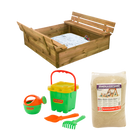 Nordic Play - Sandkasse med bænk & låg, med 240 kg sand og grønt strandsæt