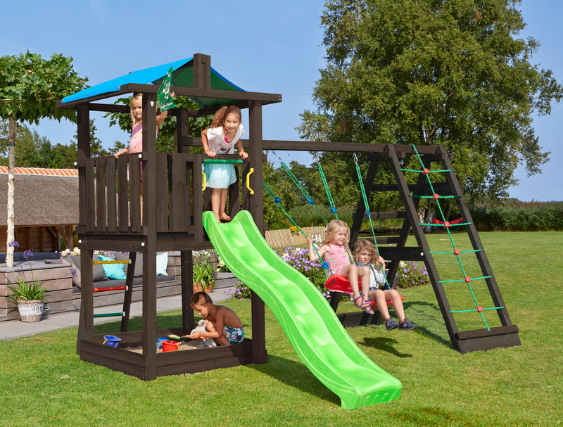 Jungle Gym - Legetårn Jungle Gym Hut, grundmalet sort, m/2-Climb Module 220 ekskl. rutschebane