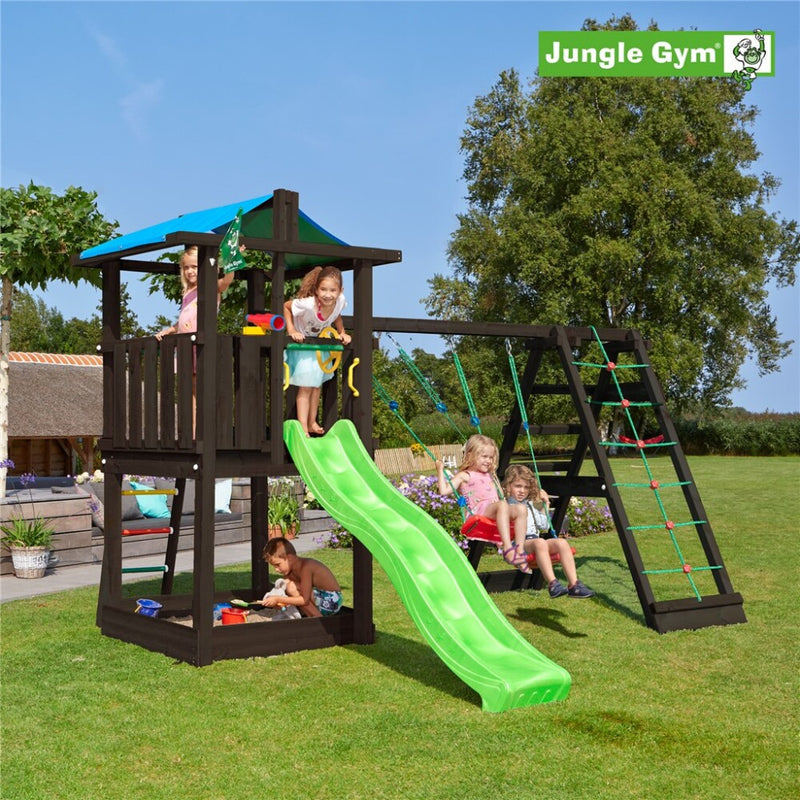 Jungle Gym - Legetårn Jungle Gym Hut, grundmalet sort, m/2-Climb Module 220 og grøn rutschebane