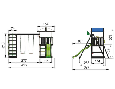 Jungle Gym - Legetårn Jungle Gym Hut, grundmalet sort, m/2-Climb Module 220 og grøn rutschebane