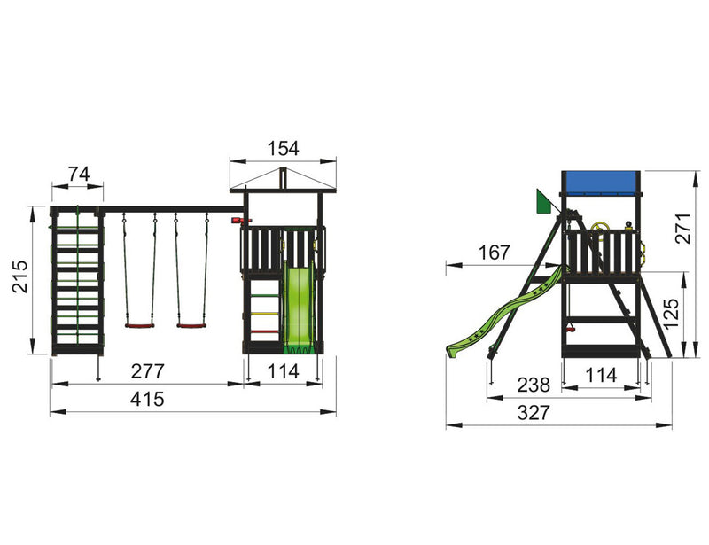 Jungle Gym - Legetårn Jungle Gym Hut, grundmalet sort, m/2-Climb Module 220 og grøn rutschebane