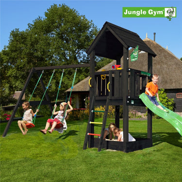Jungle Gym - Legetårn Jungle Gym Club, grundmalet sort, m/2-Swing Module 220 og grøn rutschebane