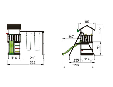 Jungle Gym - Casa 2.1 Legetårn Sort Grundmalet 2-Swing Module Grøn Rutschebane