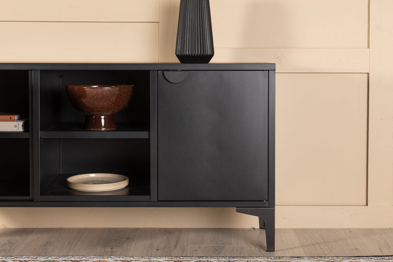 Venture Home Piring – TV‑bord / skænk i sort stål med låger og åben hylde,120×40×63cm